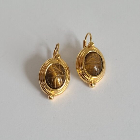 Vintage Boho Egypt Gold Plated Carved Scarab Tiger's Eye Cabochon Drop Earrings - Picture 2 of 8